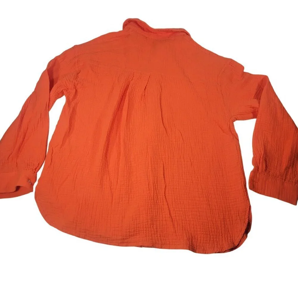 Women Orange Button-Up Shirt 100% Cotton Long Sleeve Collared Size M